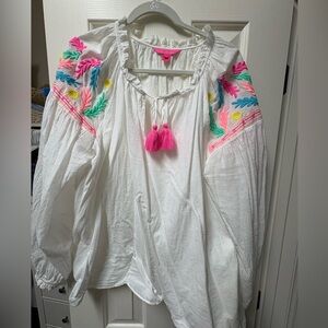 Lilly Pulitzer Embroidered White Blouse with Pink Accents